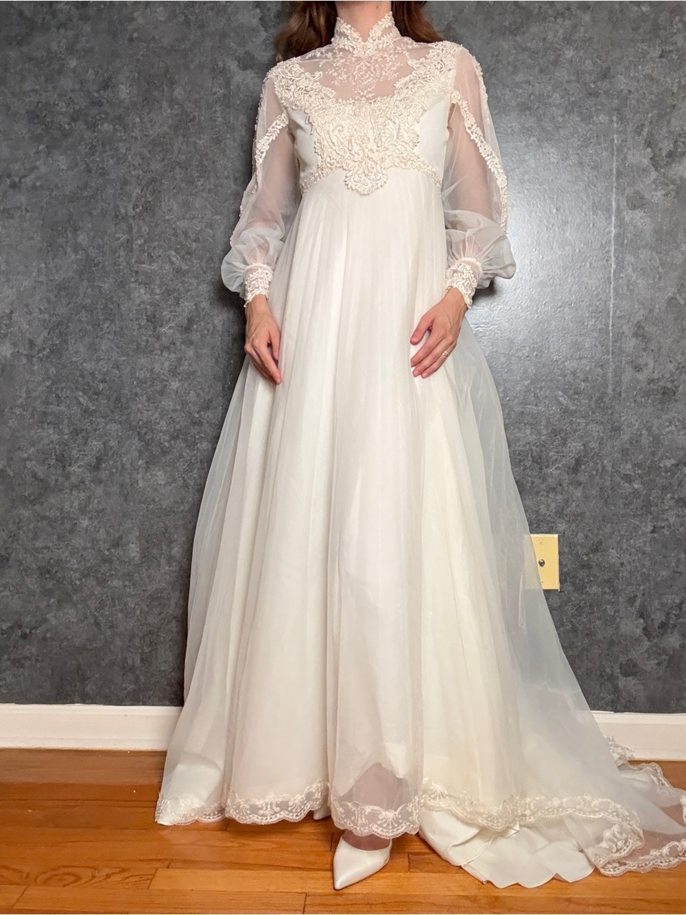 Vintage 1970s Empire Waist Lace Wedding Gown — Bishop Sleeves